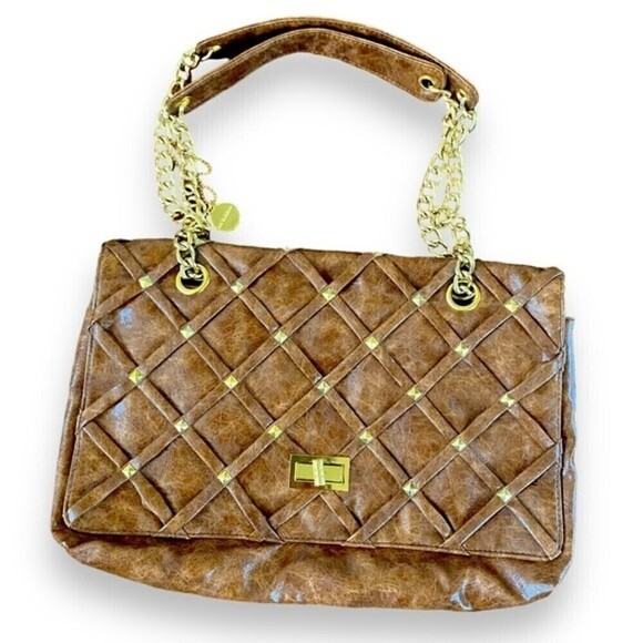 Big Buddha Chocolate Brown Weaved Studded Vegan Leather Turn Lock Shoulder Bag - Picture 1 of 11